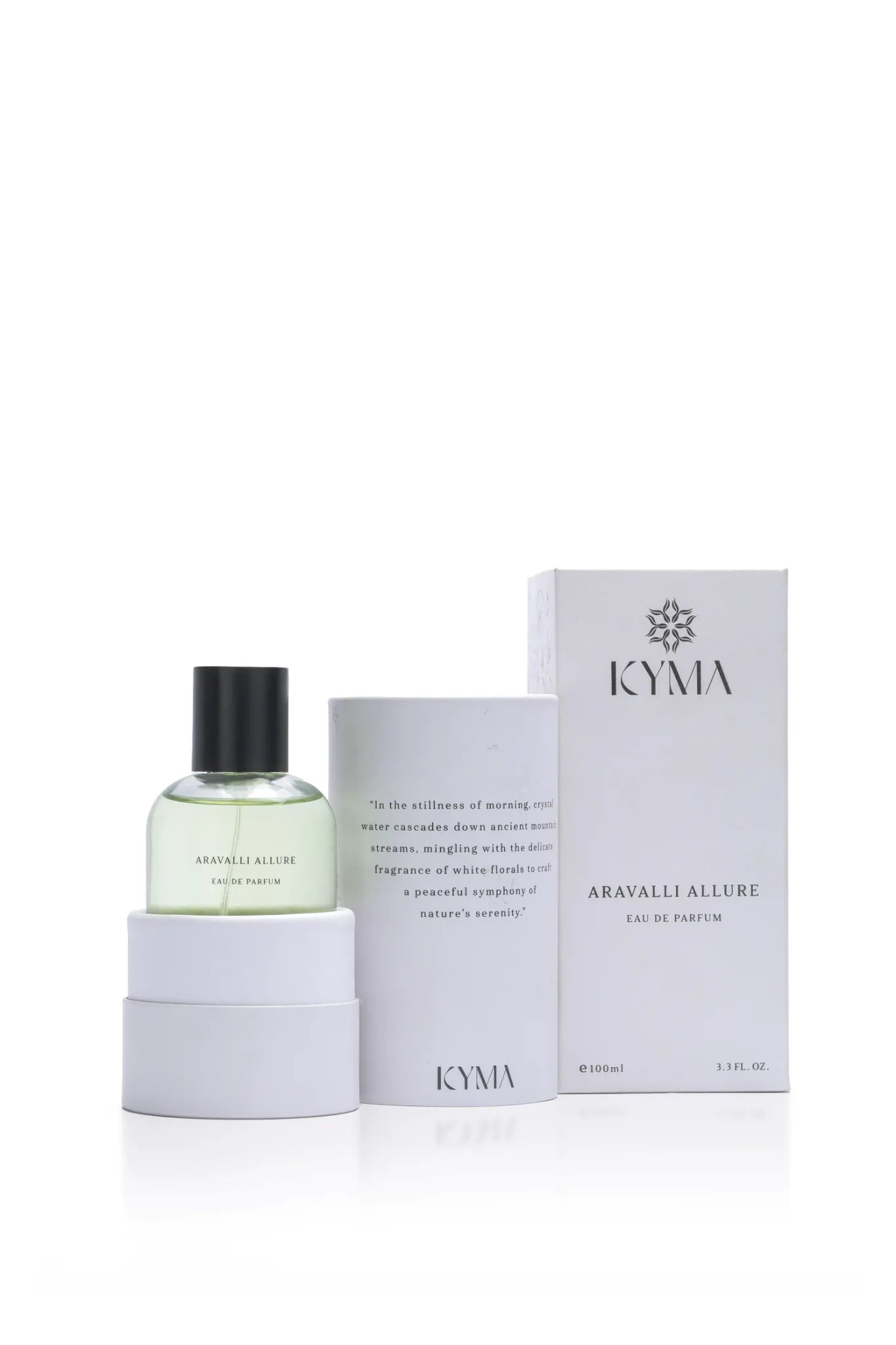 Aravalli Allure perfume with open cylindrical tube and outer box packaging by Kyma Fragrances