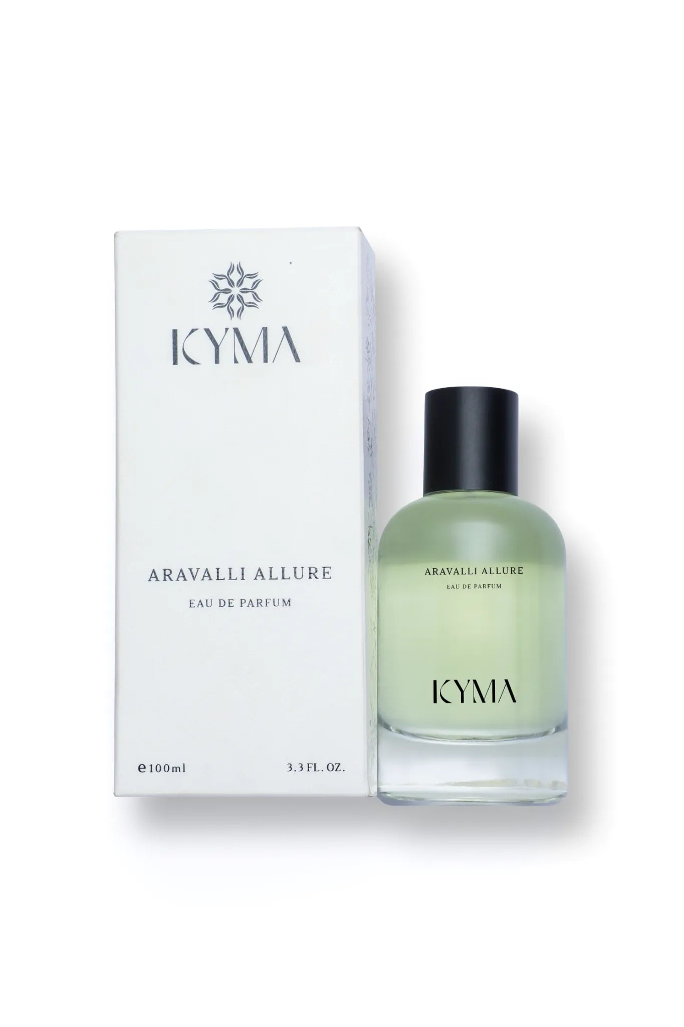 Flat lay of Aravalli Allure luxury perfume by Kyma Fragrances