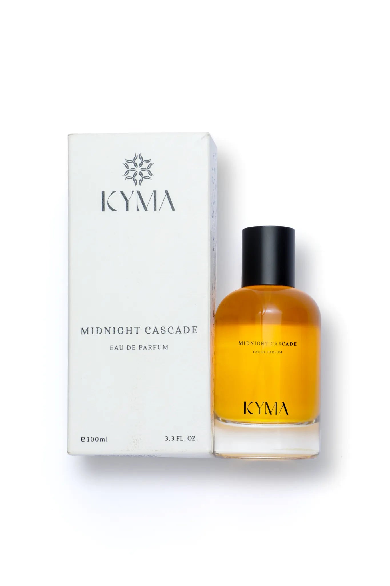 Flat lay image of Midnight Cascade perfume by Kyma Fragrances