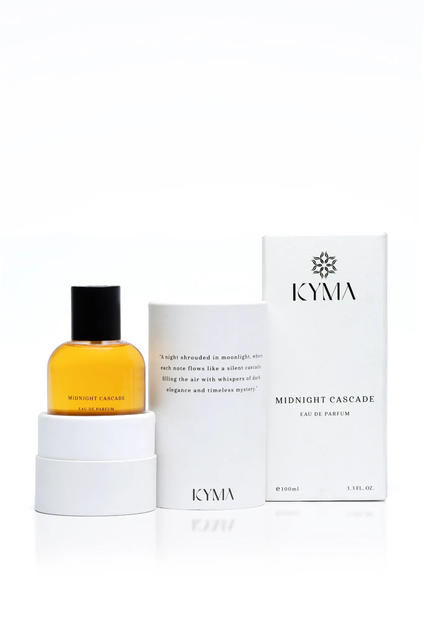 Midnight Cascade perfume with open cylindrical tube and outer box by Kyma Fragrances