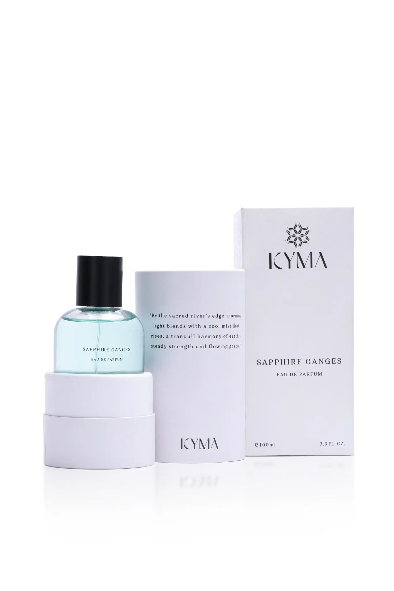 Kyma Fragrances Sapphire Ganges perfume with open cylindrical tube and cuboidal outer box packaging