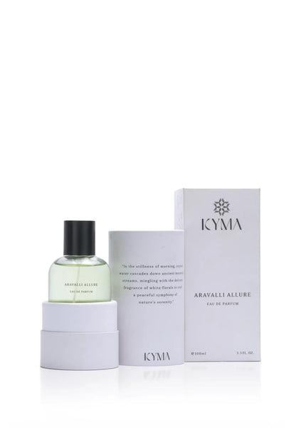 Aravalli Allure perfume with open cylindrical tube and outer box packaging by Kyma Fragrances