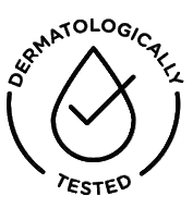 


A black line icon of a droplet with a checkmark inside, surrounded by the words 'DERMATOLOGICALLY TESTED' on a white background.