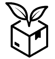 


A black line icon of a cardboard box with two small leaves growing from the top, centered on a white background.