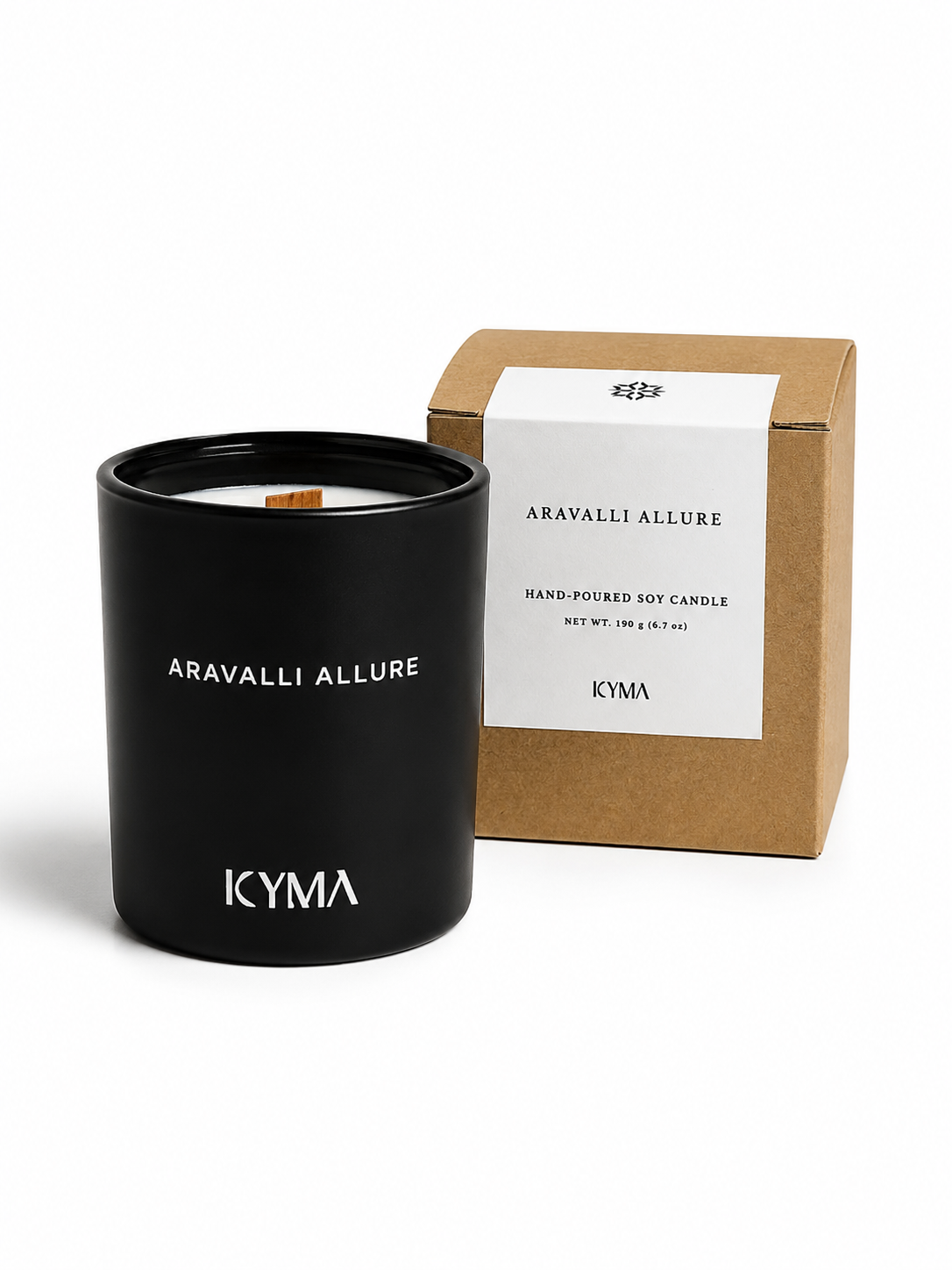 Aravalli Allure soy candle with its kraft gift box