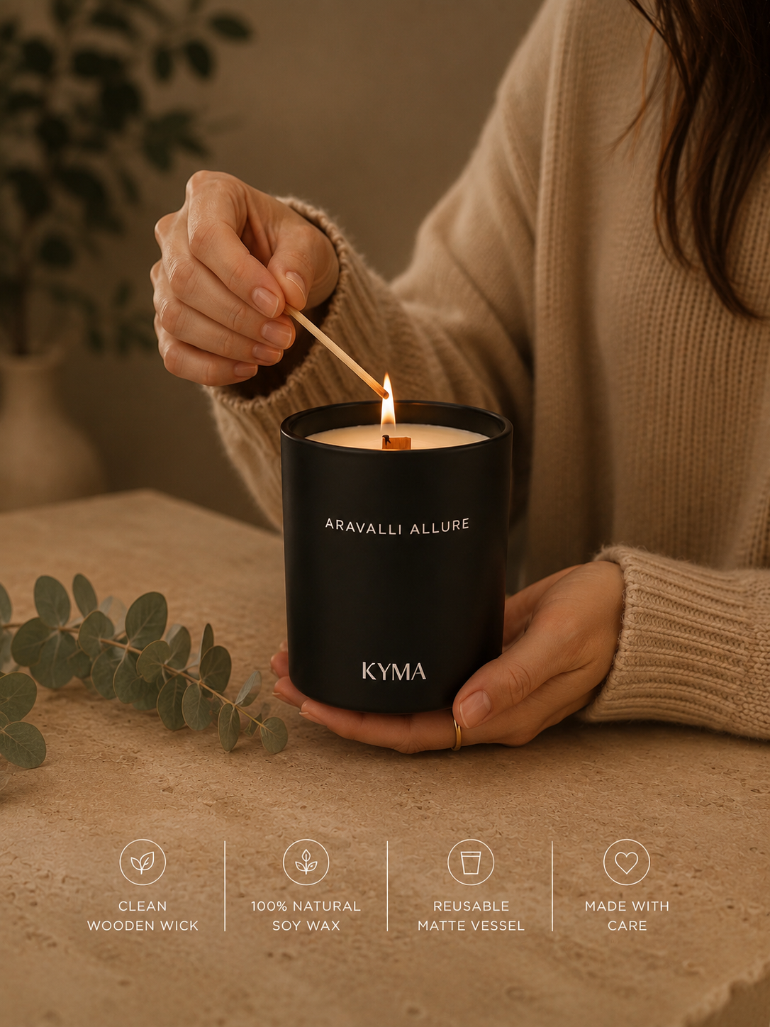 Hands lighting the Aravalli Allure soy candle