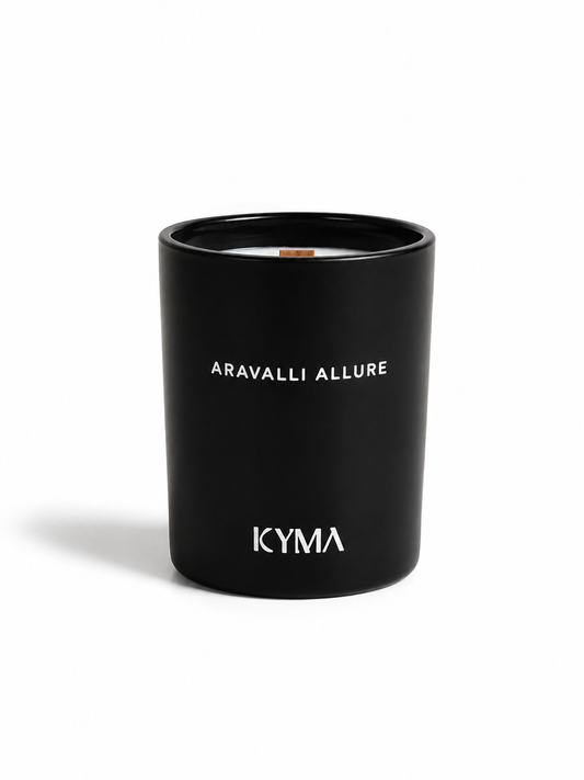 Aravalli Allure soy candle in a matte black vessel by Kyma