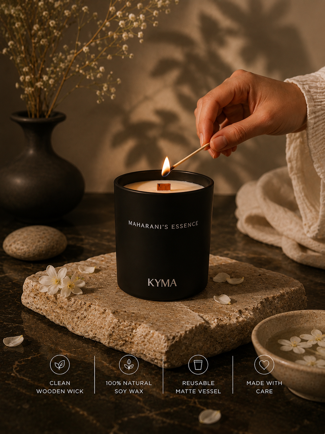 Hands lighting the Maharani's Essence soy candle