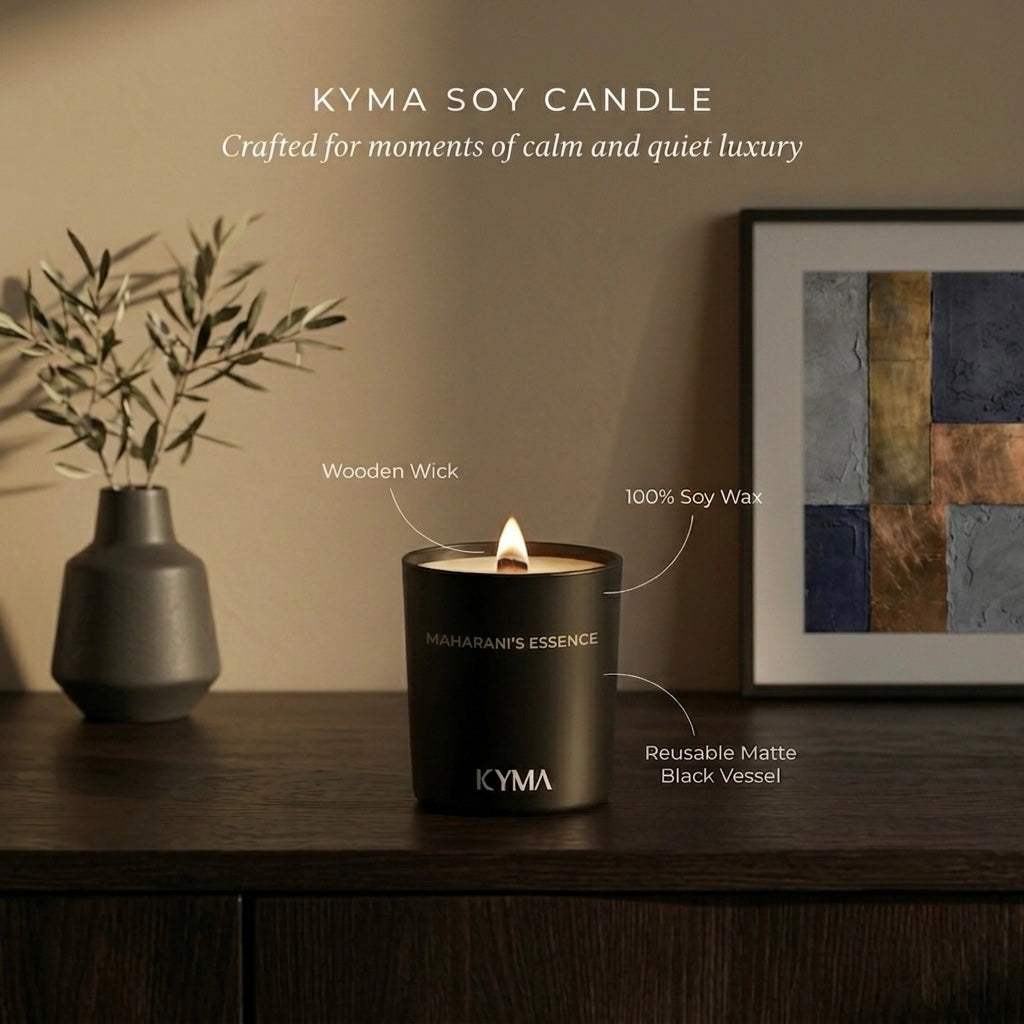 Maharani's Essence soy candle styled on a shelf