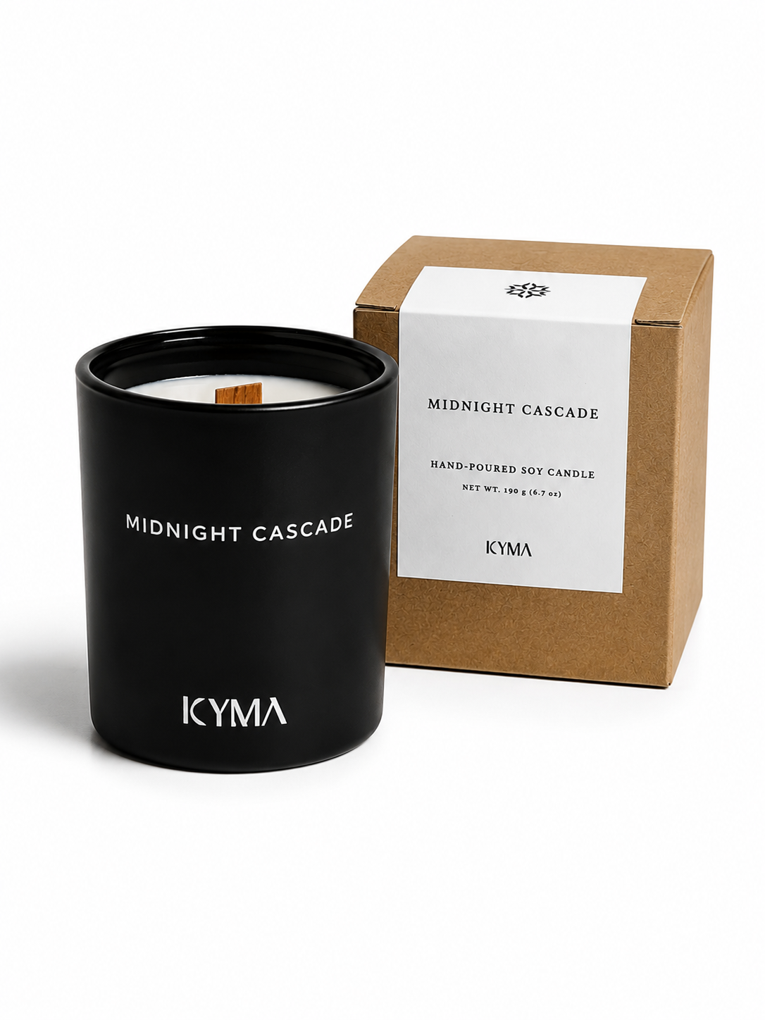 Midnight Cascade soy candle with its kraft gift box