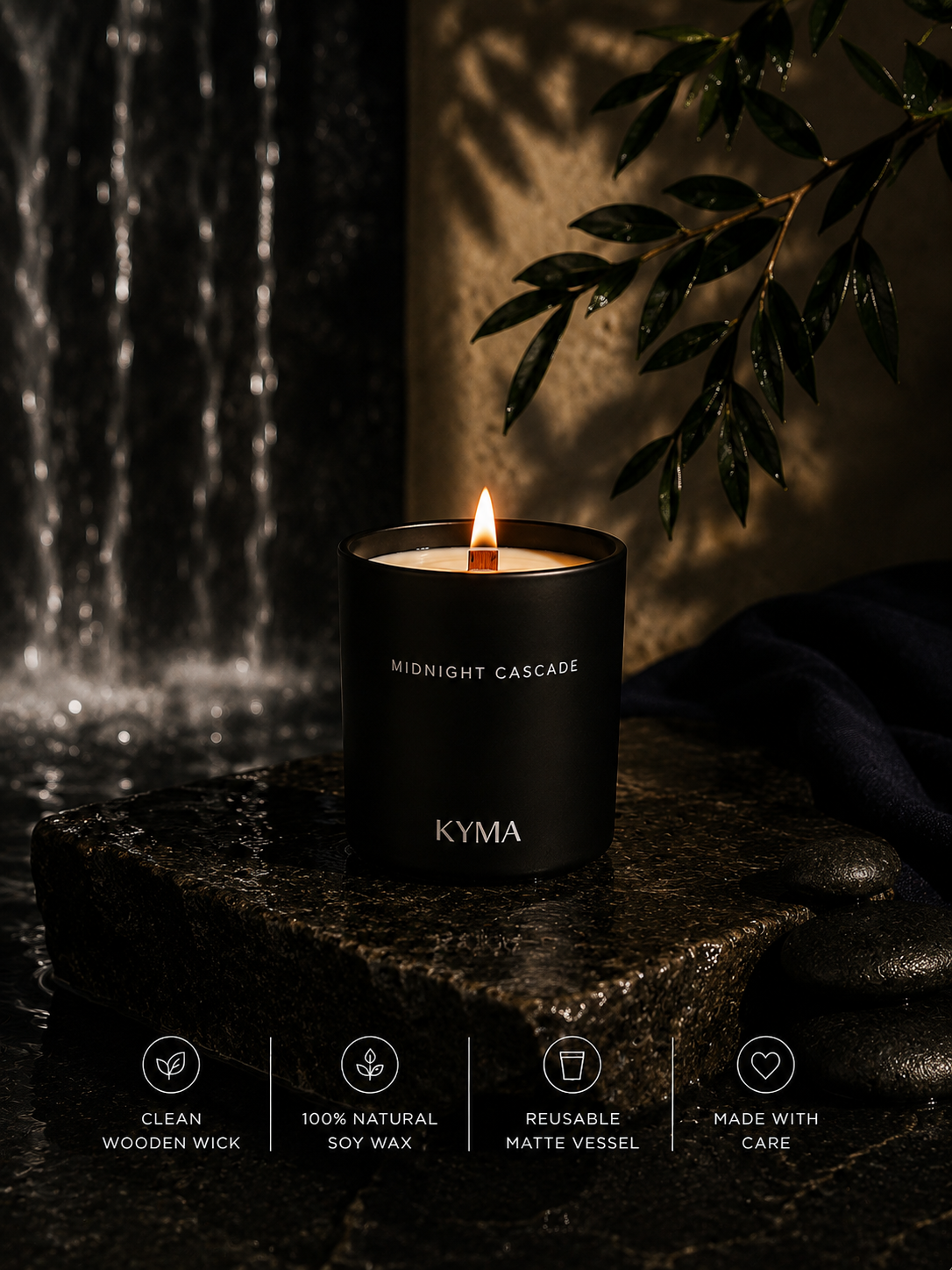 Hands lighting the Midnight Cascade soy candle