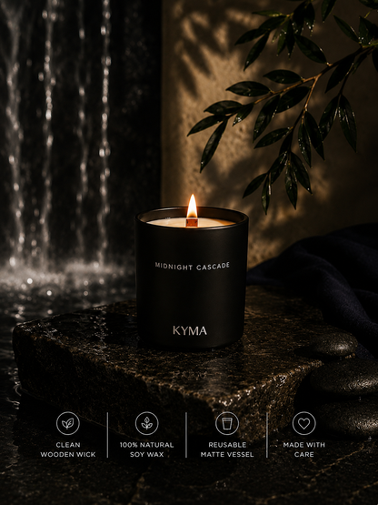Hands lighting the Midnight Cascade soy candle
