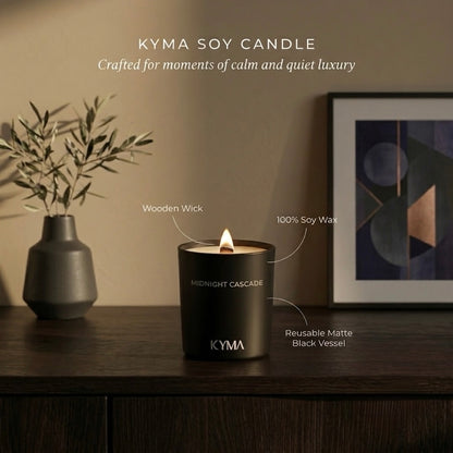 Midnight Cascade soy candle styled on a shelf