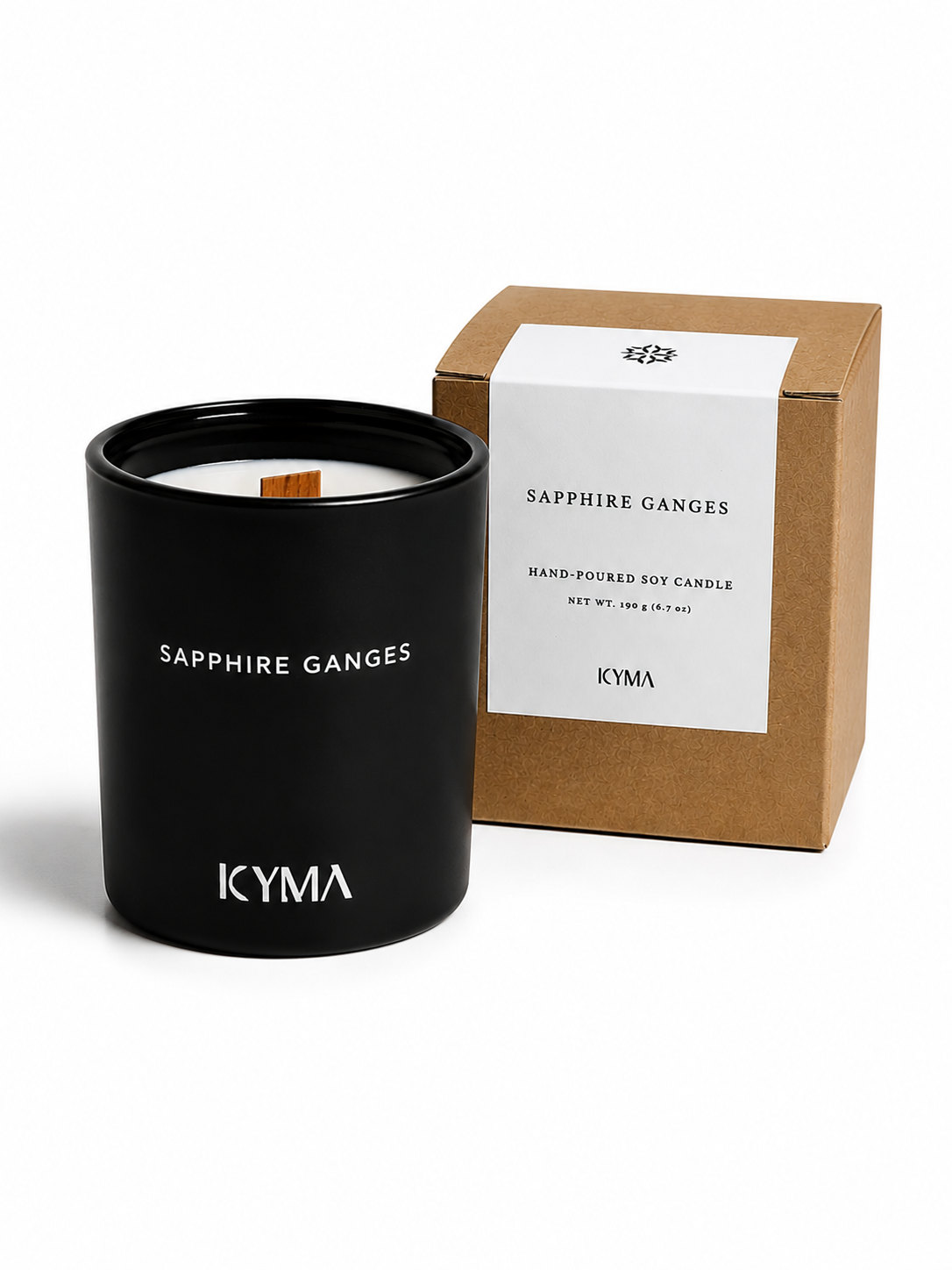 Sapphire Ganges soy candle with its kraft gift box
