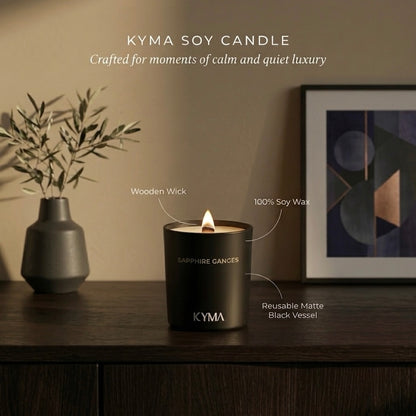 Sapphire Ganges soy candle styled on a shelf