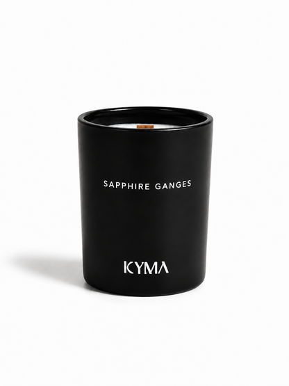 Sapphire Ganges soy candle in a matte black vessel by Kyma
