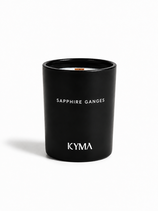 Sapphire Ganges soy candle in a matte black vessel by Kyma