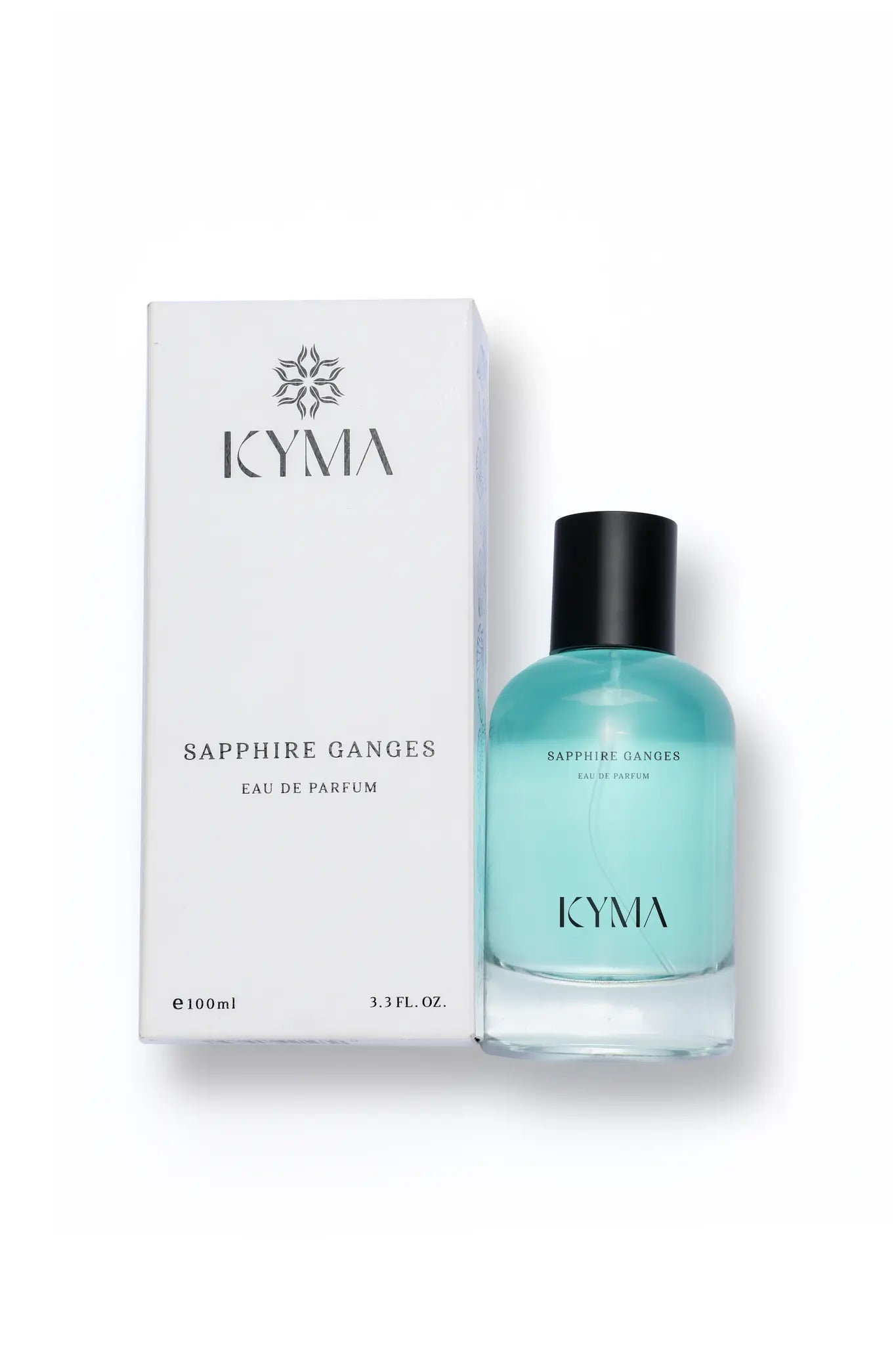 Flat lay of Kyma Fragrances Sapphire Ganges luxury perfume